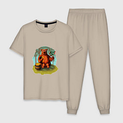 Пижама хлопковая мужская Медведь ест мед, цвет: миндальный