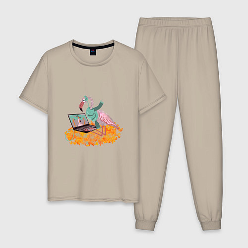Мужская пижама Осенний фламинго с ноутбуком, мечты о лете / Миндальный – фото 1