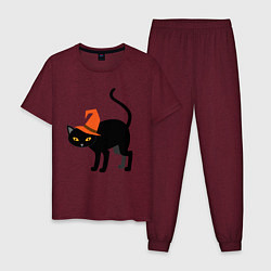 Пижама хлопковая мужская Чёрный хэллоуинский котик, цвет: меланж-бордовый