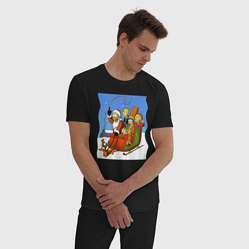 Мужская пижама Новогодняя семейка Симпсонов в санях запряженных с / Черный – фото 3
