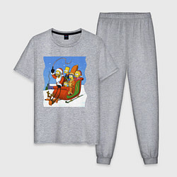 Пижама хлопковая мужская Новогодняя семейка Симпсонов в санях запряженных с, цвет: меланж