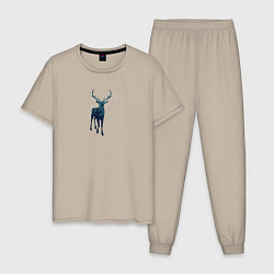 Пижама хлопковая мужская Зимний лес в силуэте стоящего оленя, цвет: миндальный