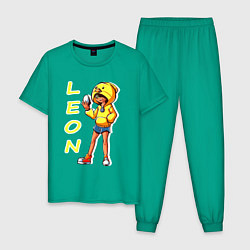 Пижама хлопковая мужская Леон из Бравл Старс фан арт, цвет: зеленый