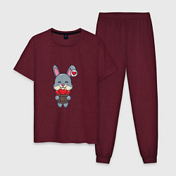 Пижама хлопковая мужская Кролик и сердечки, цвет: меланж-бордовый