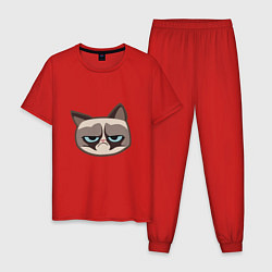 Пижама хлопковая мужская Мем недовольный кот, цвет: красный