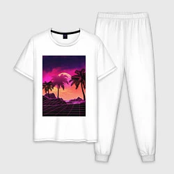 Пижама хлопковая мужская Пальмы и пляж в розовом закате, цвет: белый