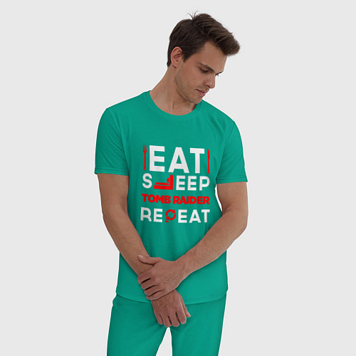 Мужская пижама Надпись eat sleep Tomb Raider repeat / Зеленый – фото 3