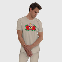 Пижама хлопковая мужская Мексиканский череп и розы, цвет: миндальный — фото 2
