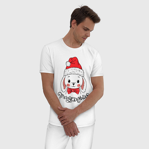 Мужская пижама Merry Christmas, cute rabbit in Santa hat / Белый – фото 3