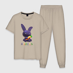 Пижама хлопковая мужская Синий кролик с морковкой: я здесь, цвет: миндальный