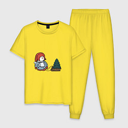 Пижама хлопковая мужская Снеговик с елкой, цвет: желтый