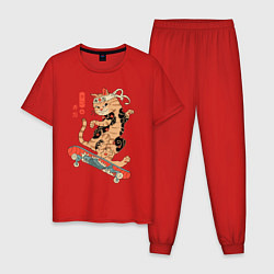 Пижама хлопковая мужская Кот самурай скейтбордист, цвет: красный