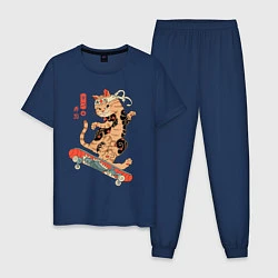 Пижама хлопковая мужская Кот самурай скейтбордист, цвет: тёмно-синий