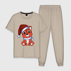 Пижама хлопковая мужская Тигренок в новогодней шапке, цвет: миндальный
