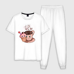 Пижама хлопковая мужская Кексик и кружка кофе, цвет: белый