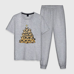 Пижама хлопковая мужская Новогодняя елка из мопсов, цвет: меланж