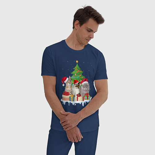 Мужская пижама Коты и елка с подарками / Тёмно-синий – фото 3