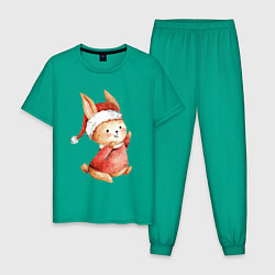 Пижама хлопковая мужская Зайчик в новогоднем колпаке, цвет: зеленый