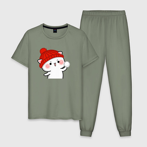 Мужская пижама Игра в снежки - белый котик / Авокадо – фото 1