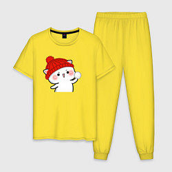 Пижама хлопковая мужская Игра в снежки - белый котик, цвет: желтый