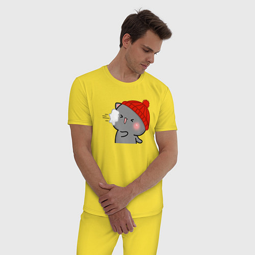 Мужская пижама Игра в снежки - серый котик / Желтый – фото 3