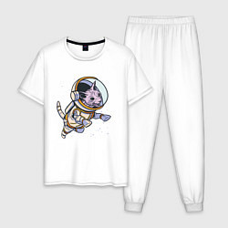 Пижама хлопковая мужская Кот сфинкс космонавт, цвет: белый