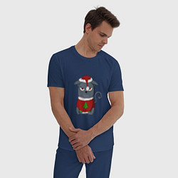 Пижама хлопковая мужская Недовольный новогодний кот, цвет: тёмно-синий — фото 2