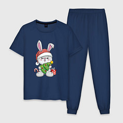 Пижама хлопковая мужская Новогодний кролик с елочкой, цвет: тёмно-синий
