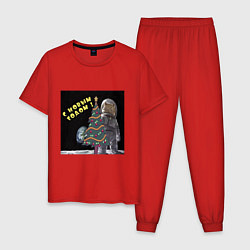 Пижама хлопковая мужская Кот в скафандре с ёлкой, цвет: красный