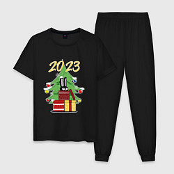 Пижама хлопковая мужская Новогодний заяц выглядывает из подарка, цвет: черный