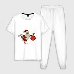 Пижама хлопковая мужская Дед Мороз на коньках с мешком подарков, цвет: белый