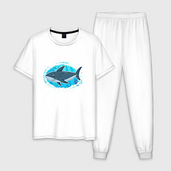 Пижама хлопковая мужская Мультяшная акула под водой, цвет: белый