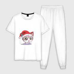 Пижама хлопковая мужская Новогодний Аниме-Кот, цвет: белый