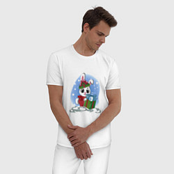 Пижама хлопковая мужская Rabbit with a New Years gift, цвет: белый — фото 2