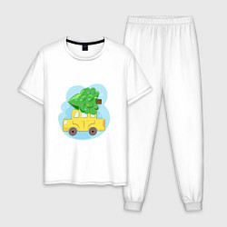 Пижама хлопковая мужская Машина с елкой, цвет: белый