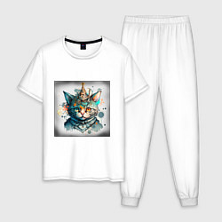 Пижама хлопковая мужская Абстрактный акварельный кот с колпаком и брызгами, цвет: белый