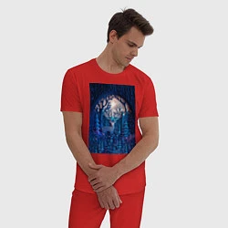 Пижама хлопковая мужская Объемная иллюстрация из бумаги лес и олень на сине, цвет: красный — фото 2