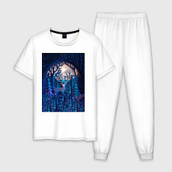 Пижама хлопковая мужская Объемная иллюстрация из бумаги лес и олень на сине, цвет: белый