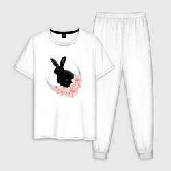 Пижама хлопковая мужская Черный кролик в цветах, цвет: белый