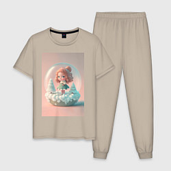 Пижама хлопковая мужская Милая девочка-куколка с стеклянном Новогоднем шаре, цвет: миндальный