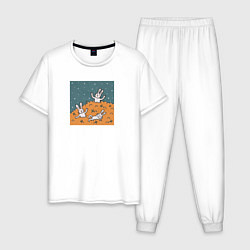Пижама хлопковая мужская Милые кролики и гора мандаринов Новый год, цвет: белый
