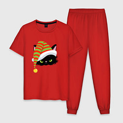 Пижама хлопковая мужская Кот Санта Клаус, цвет: красный