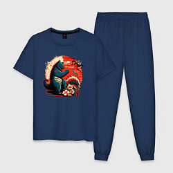 Пижама хлопковая мужская Кот Годзилла, цвет: тёмно-синий