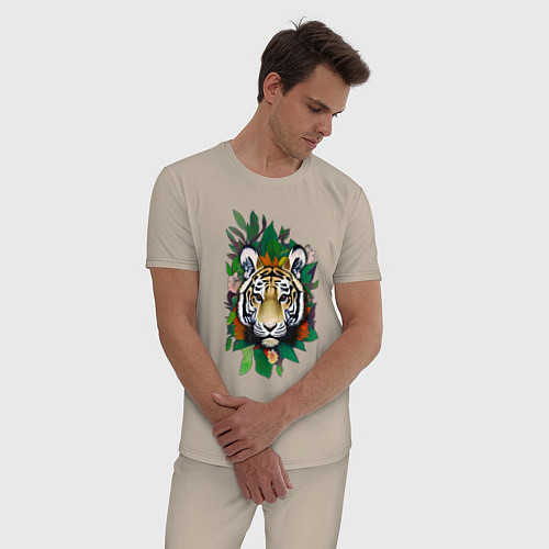 Мужская пижама Голова Тигра среди листьев и цветов, Тигр символ 2 / Миндальный – фото 3