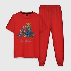 Пижама хлопковая мужская Крутой мотоциклист медведь, цвет: красный