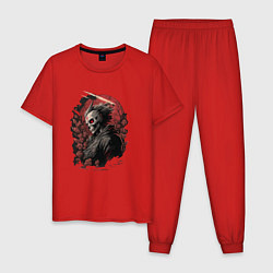 Пижама хлопковая мужская Череп самурая, цвет: красный