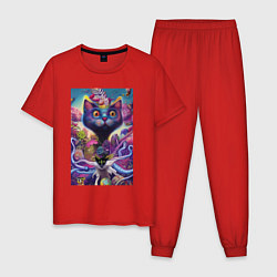 Пижама хлопковая мужская Мордочка цветочного котёнка - нейросеть - art, цвет: красный