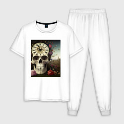 Пижама хлопковая мужская Помни о смерти- череп, часы, цветы, цвет: белый
