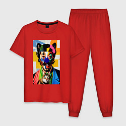 Пижама хлопковая мужская Портрет Сальвадора Дали с котом, цвет: красный