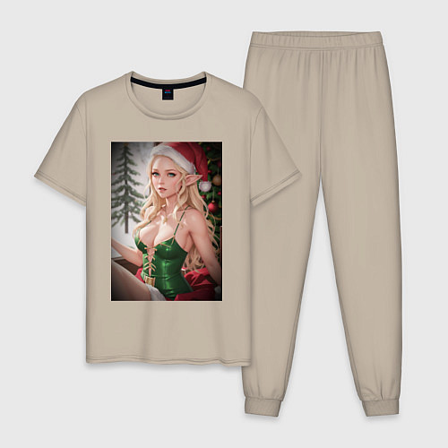 Мужская пижама Новогодняя эльфийка / Миндальный – фото 1